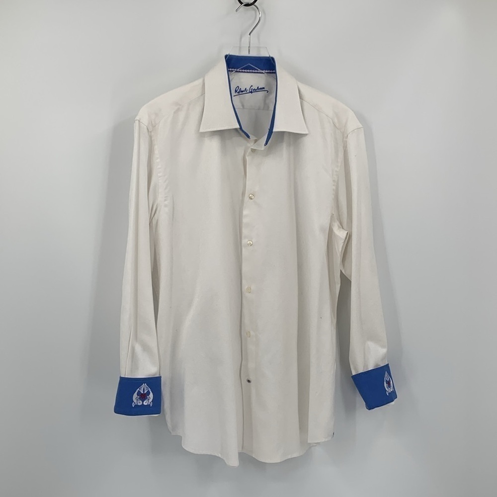 Robert Graham flip cuff shirt white textured embroidery blue fish men new 17 L